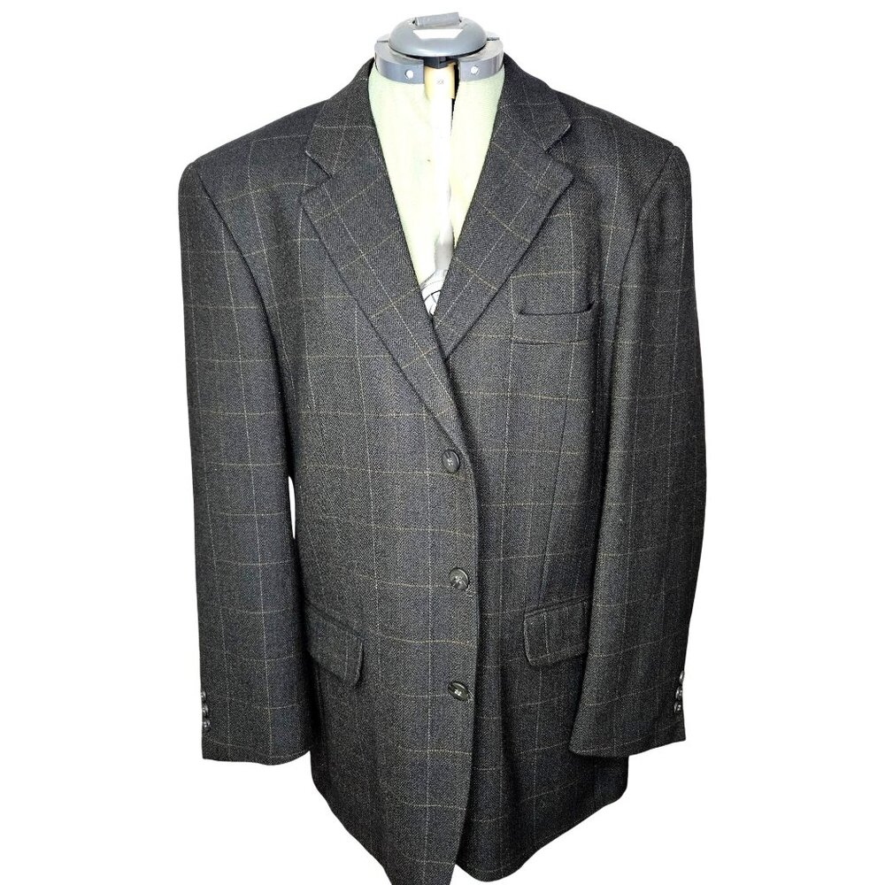 Mens Enrico Gelini Plaid Wool Blazer Jacket 3-Button Front Charcoal Gray Size 42
